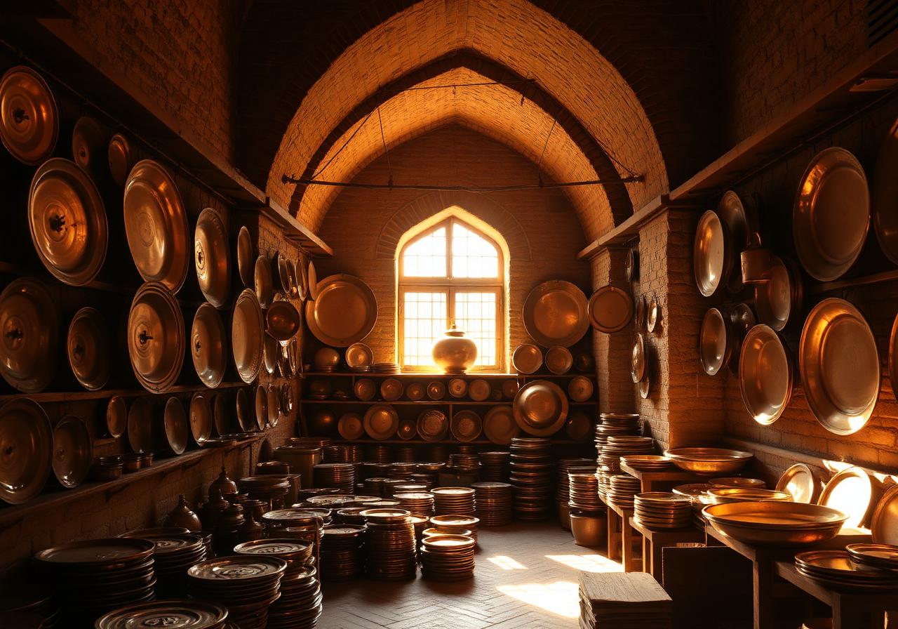 Coppersmiths' quarter of the Isfahan bazaar — hammered vessels lining vaulted brick walls