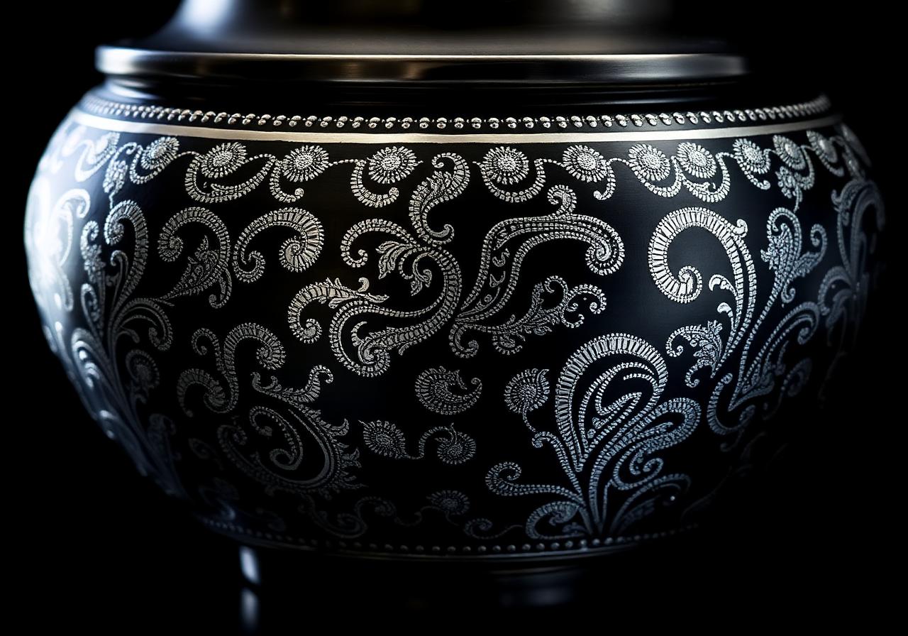 Noghre-koobi — fine threads of silver inlaid into a darkened steel vessel