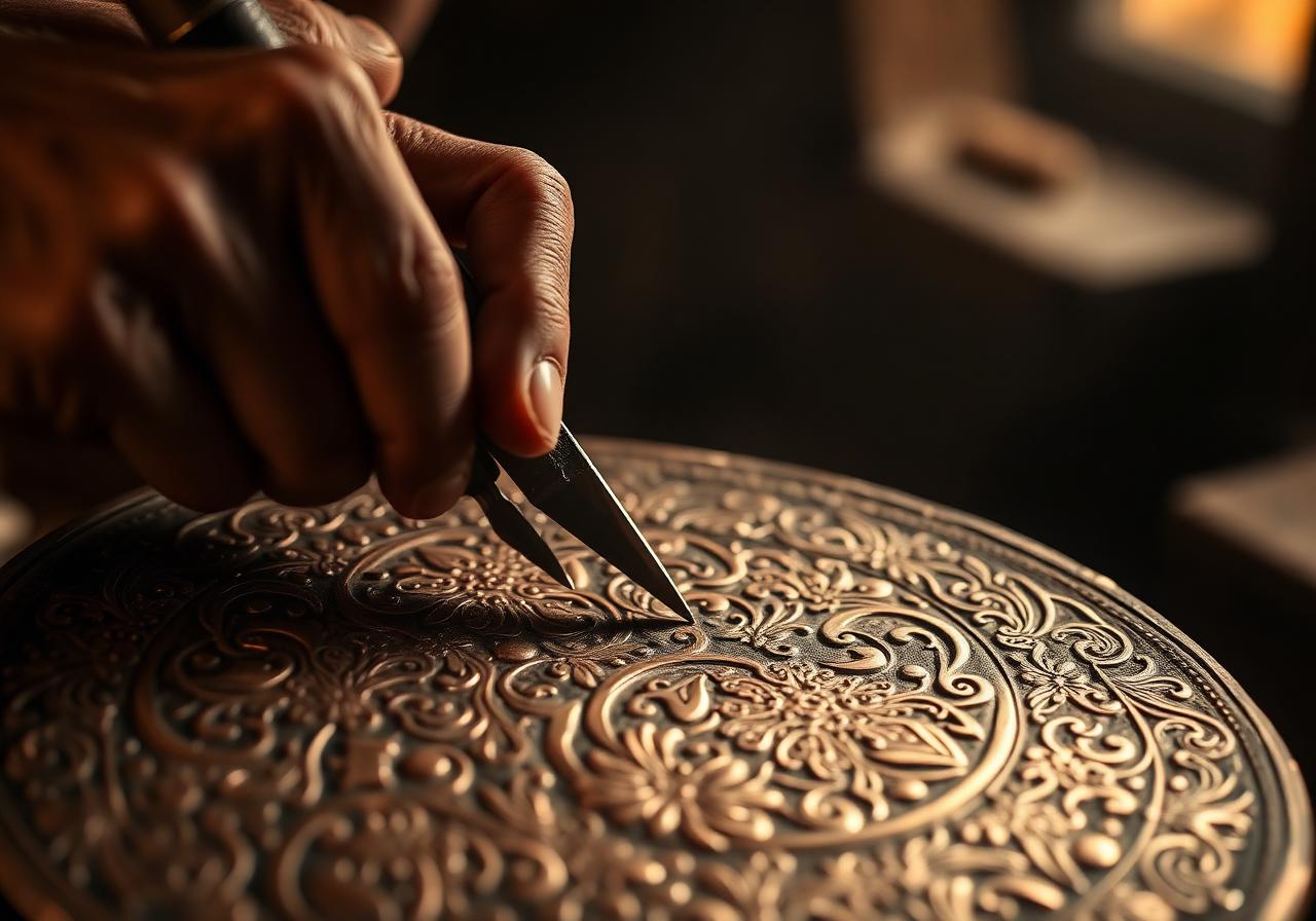 A Persian artisan chasing arabesque patterns into a copper plate with a hardened punch